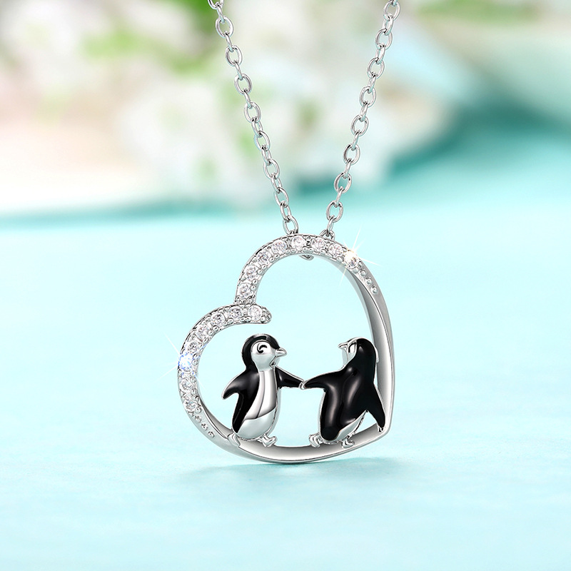 Fashion Silver Copper And Diamond Heart-shaped Penguin Necklace
