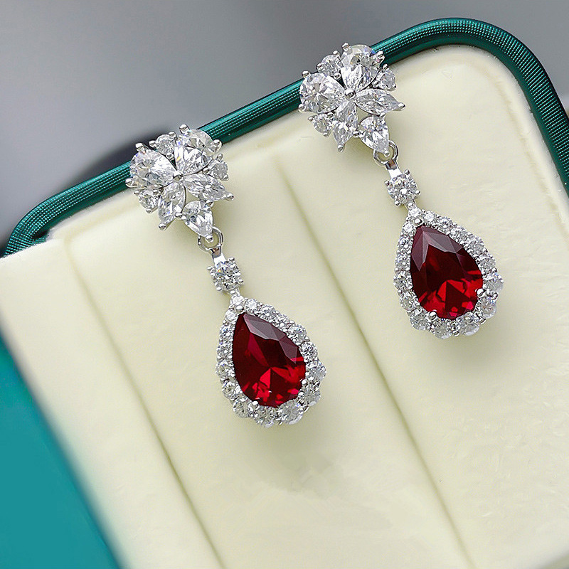 Fashion Red Copper Diamond Teardrop Earrings