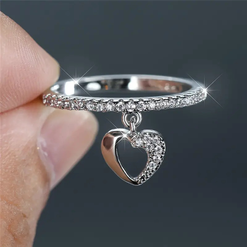 Fashion Silver Copper Diamond Hollow Heart Ring