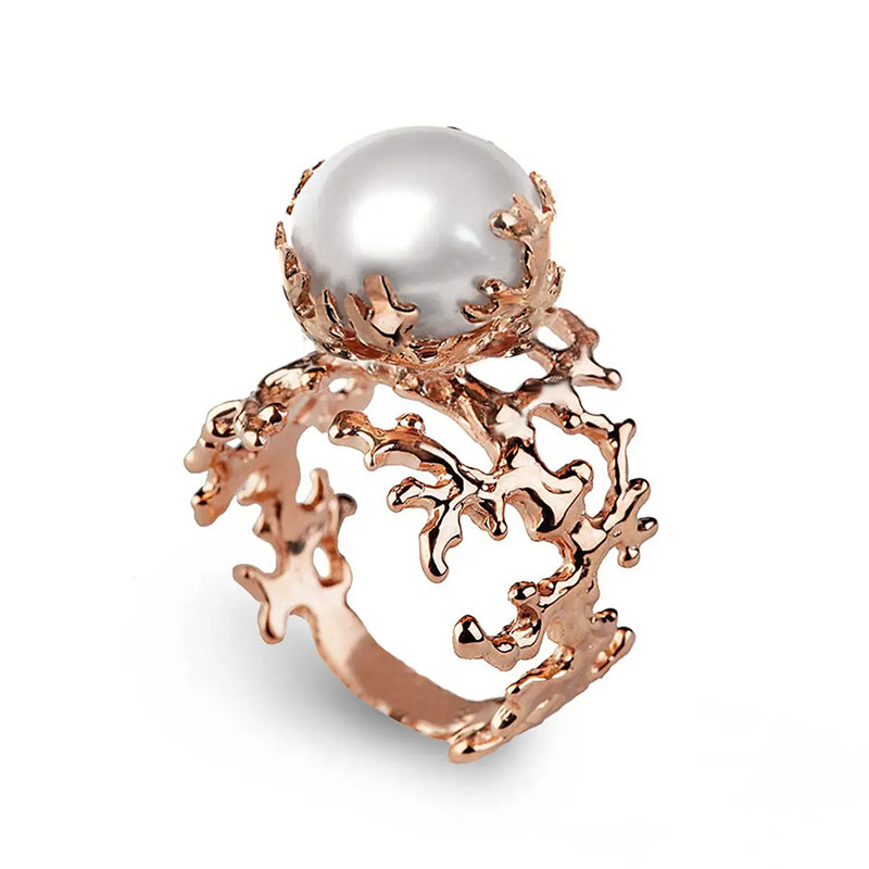 Fashion Rose Gold Copper Hollow Branch Pearl Ring