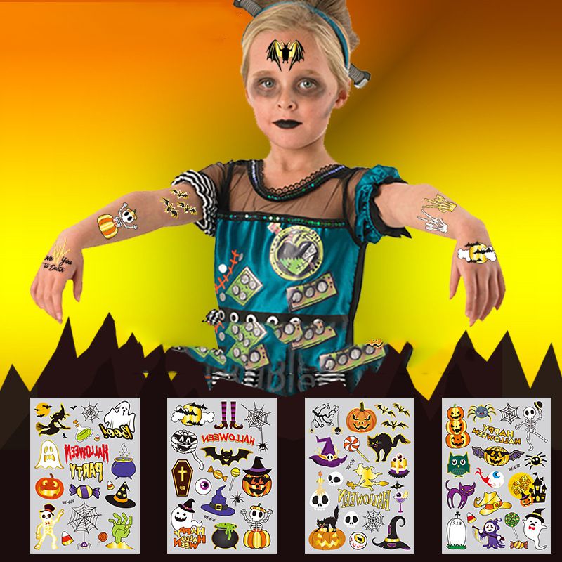 Pegatinas De Tatuajes De Dibujos Animados Impermeables Con Estampado Dorado De Halloween Para Niños