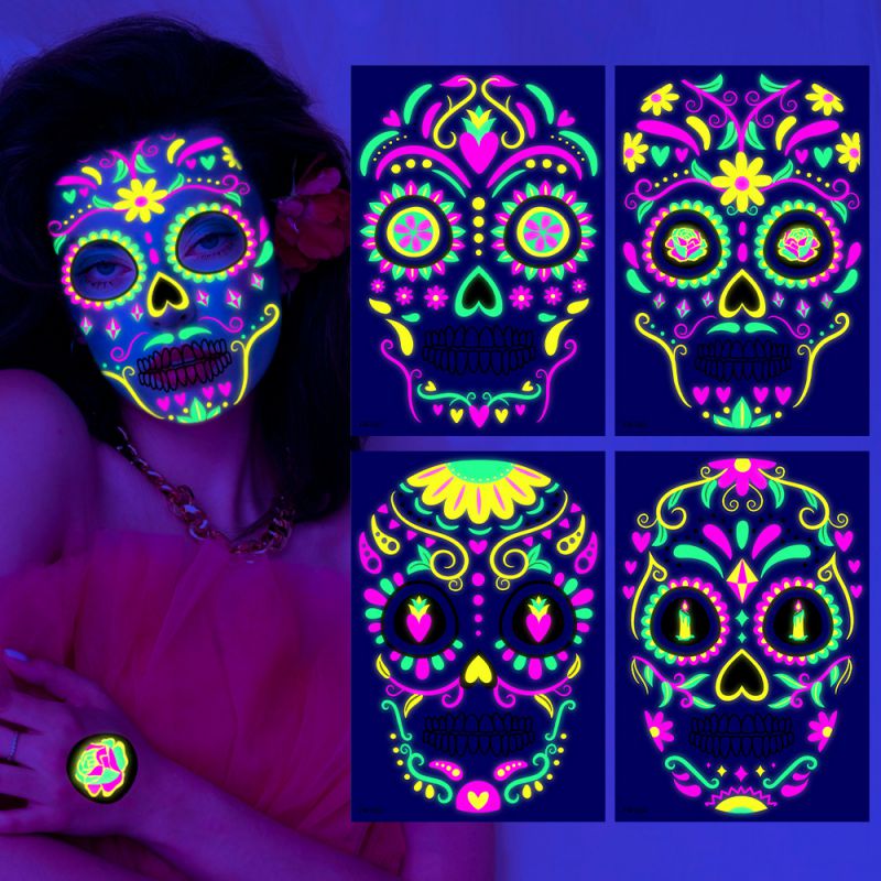 Pegatinas De Tatuajes Fluorescentes Del Día De Muertos