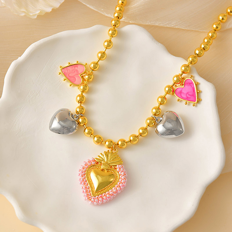 Fashion Color Rice Beads Oil Drop Heart Pendant Copper Beads Necklace (6mm)