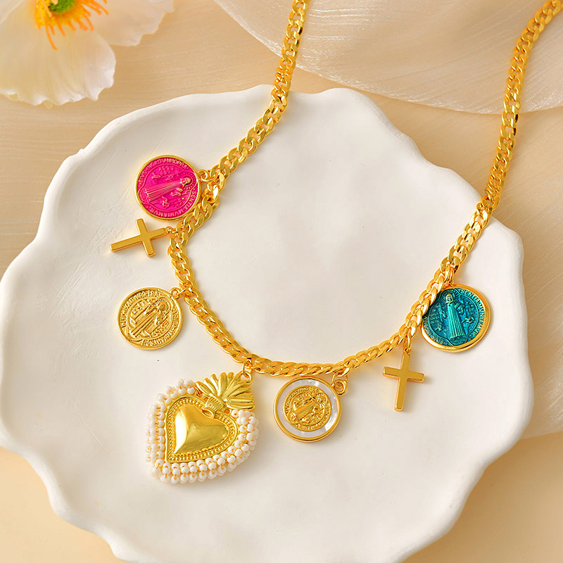 Fashion Color Rice Bead Heart Oil Drop Portrait Pendant Copper Necklace (45cm)