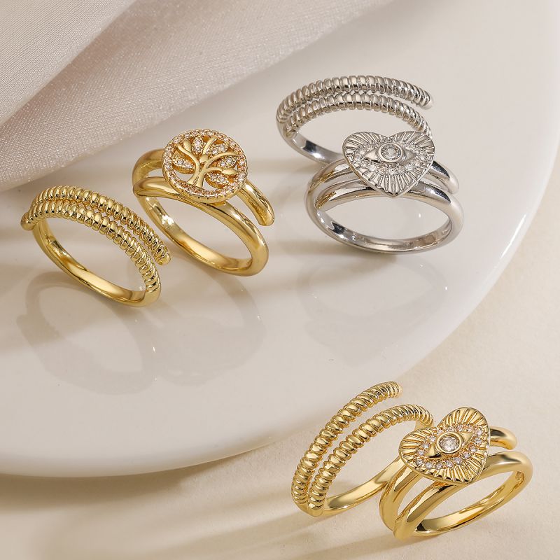 Conjunto De Anillo De Árbol De La Vida Con Diamantes Y Oro Chapado En Cobre