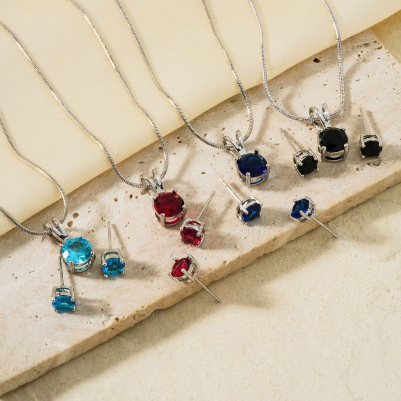 Fashion Navy Blue Copper Diamond Round Necklace And Earring Set