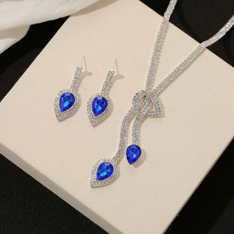 Fashion Blue Copper Diamond Drop Necklace Earring Set