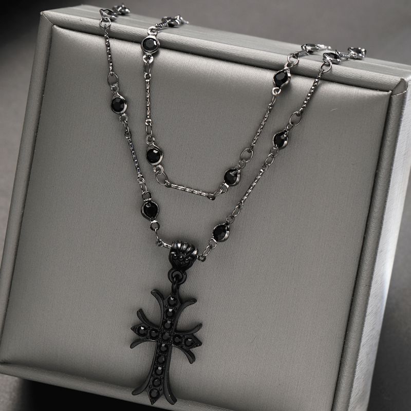 Fashion Black Alloy Inlaid Zirconium Cross Double Layer Men's Necklace