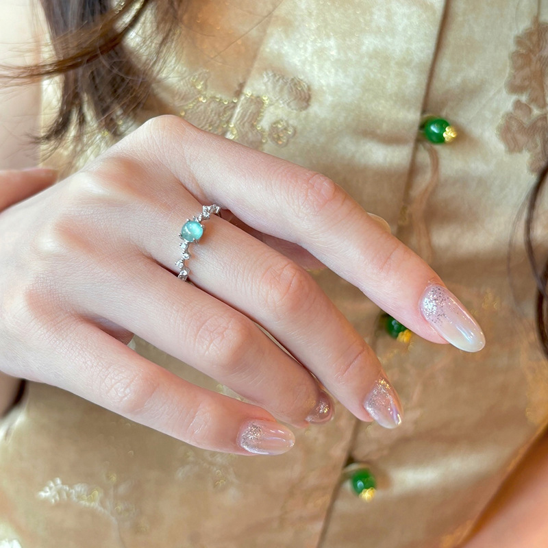 Fashion Ring-silver-green Copper Round Ring