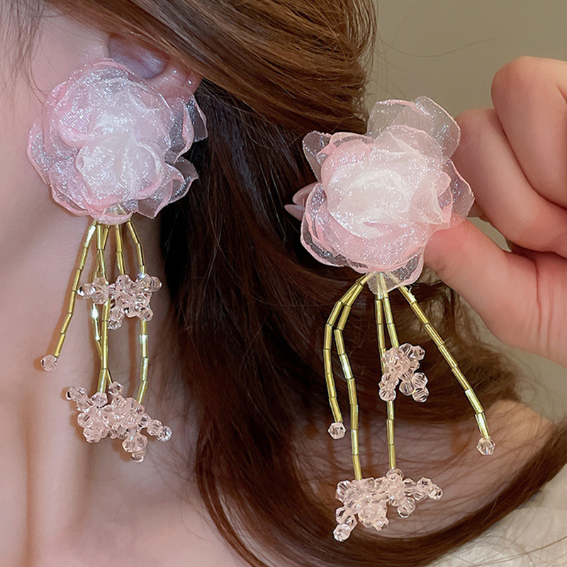 Fashion Pink Green Fabric Flower Earrings