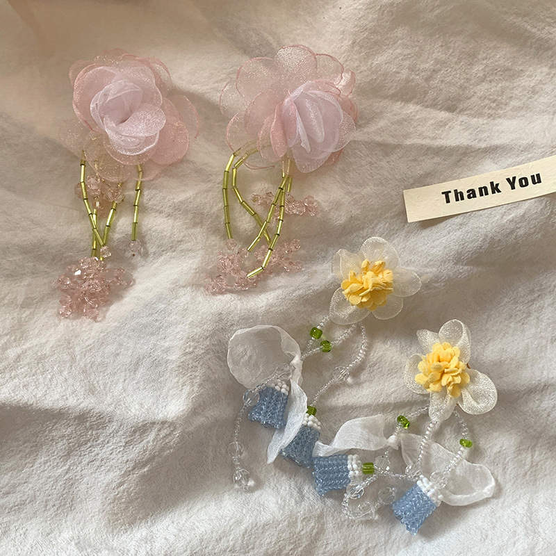 Fashion Pink Green Mesh Flower Earrings