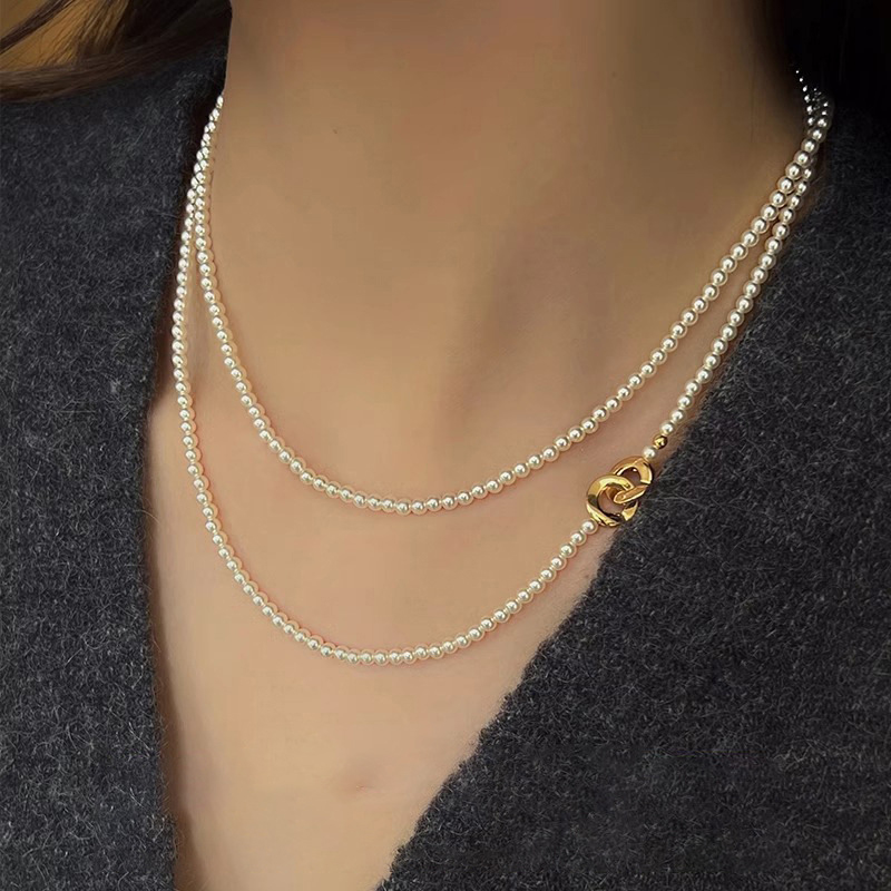 Fashion Necklace-gold-white-4mm Pearl Beaded Double Necklace