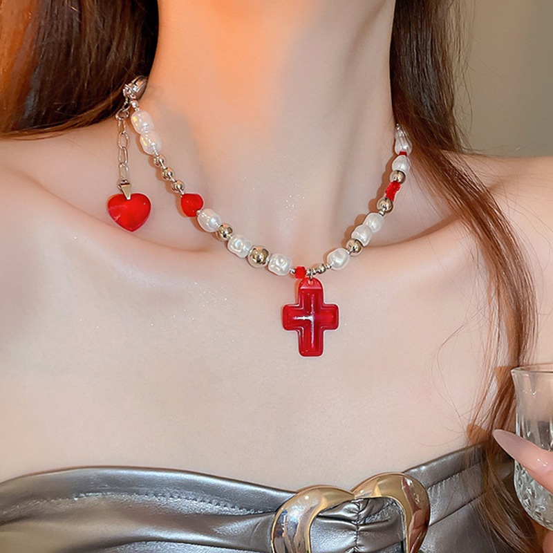 Fashion Necklace-red-white Pearl Beaded Heart Cross Necklace