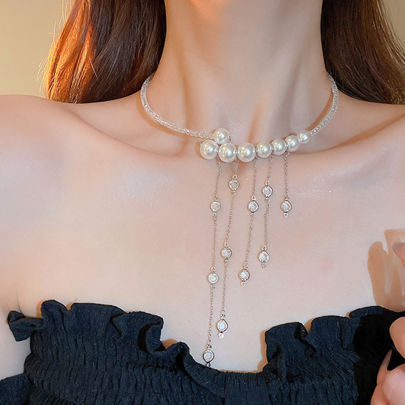 Fashion Necklace-silver-white-cross Pearl Beaded Diamond Cross Necklace