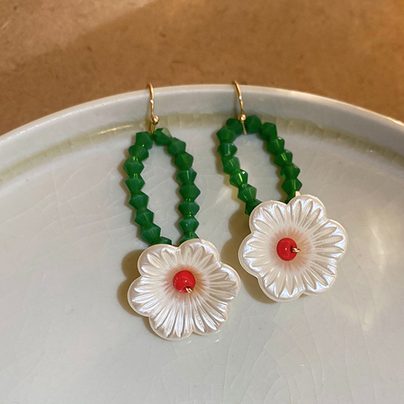 Fashion Ear Hook-green-white Alloy Flower Earrings