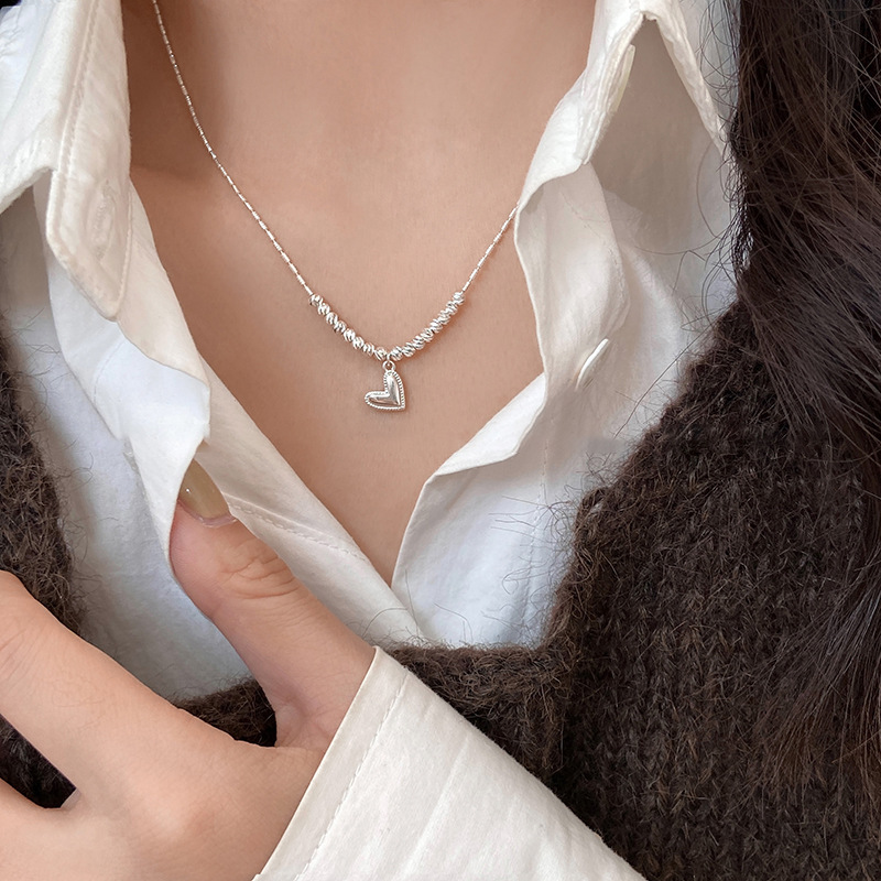 Fashion Necklace - Silver Heart Beaded Necklace