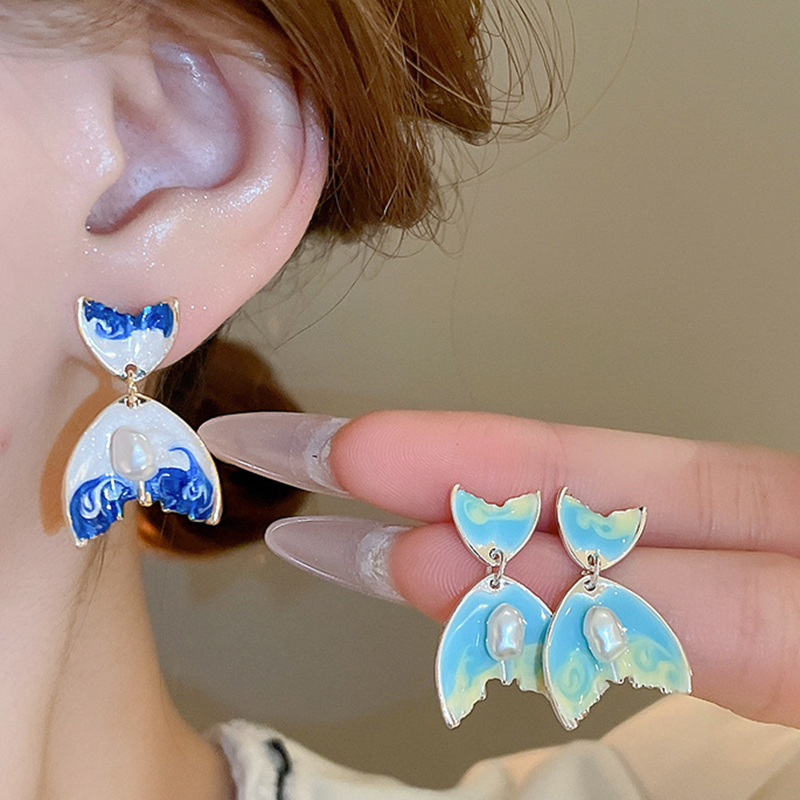 Fashion White Blue Double Fishtail Pearl Earrings