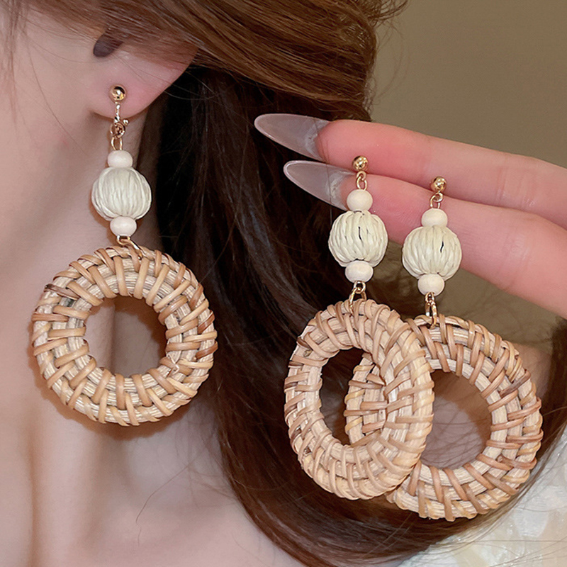 Fashion Ear Clip-gold-light Brown Woven Raffia Round Clip Earrings