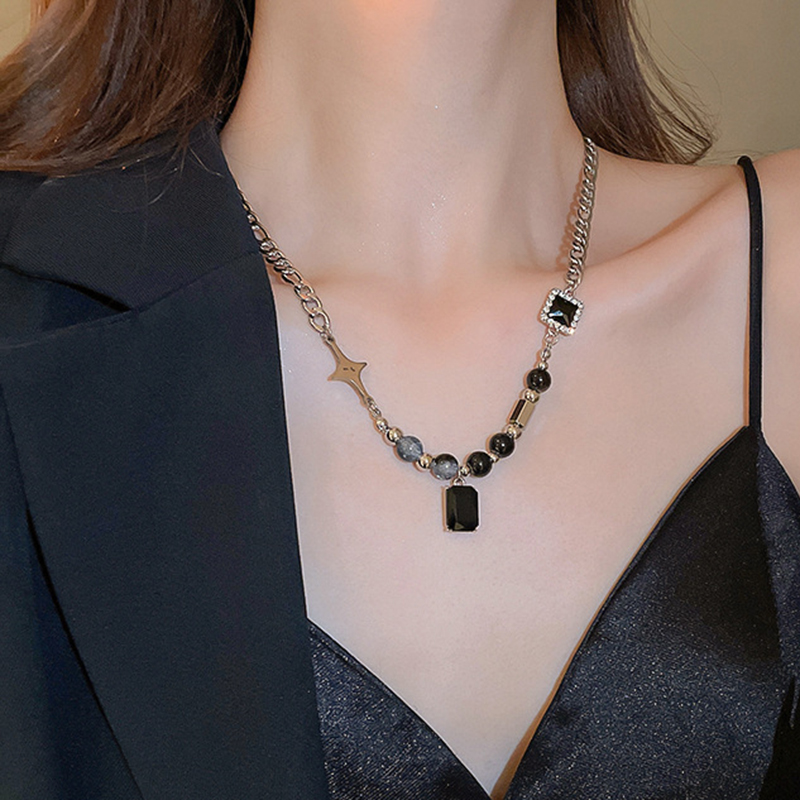 Fashion Necklace-silver-black Alloy Diamond Geometric Beaded Necklace