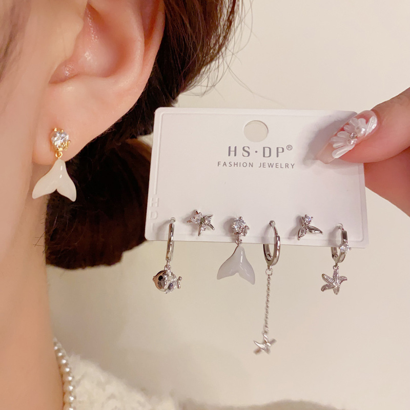 Fashion Silver-asymmetric Fishtail Starfish Set Combination (thickened Real Gold Plating) Copper Inlaid Zirconium Geometric Earrings Set