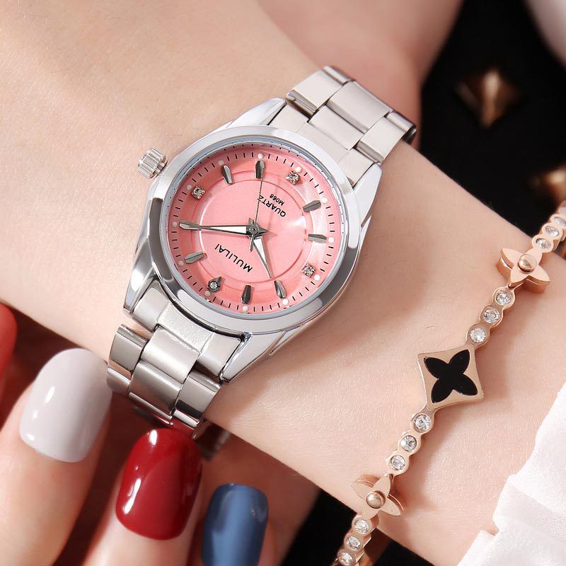 Fashion Black Alloy Diamond Round Watch + Four-leaf Flower Bracelet Set