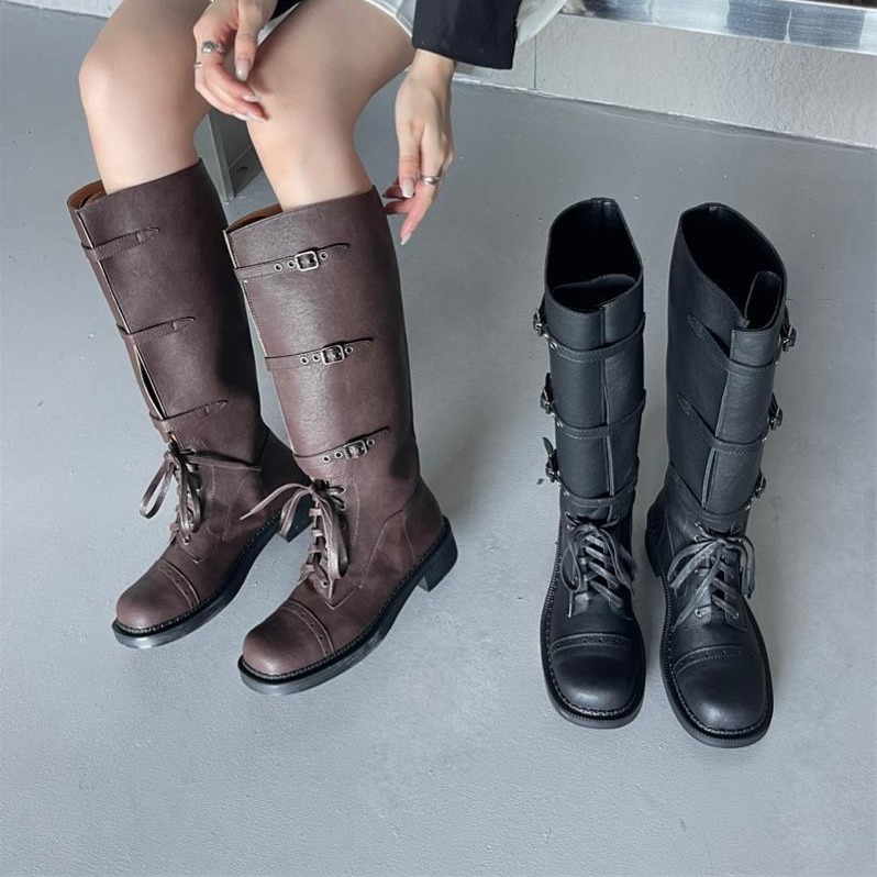 Fashion Brown Buckle Lace-up High Boots