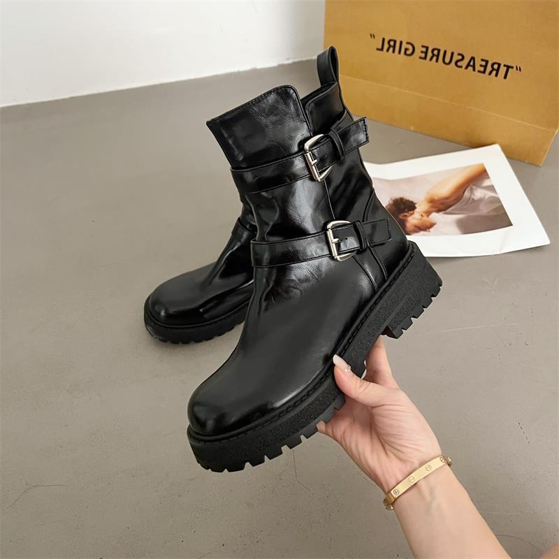 Botas Cortas Martin Con Tacón Grueso Y Hebilla De Cuero De Caballo De Pu