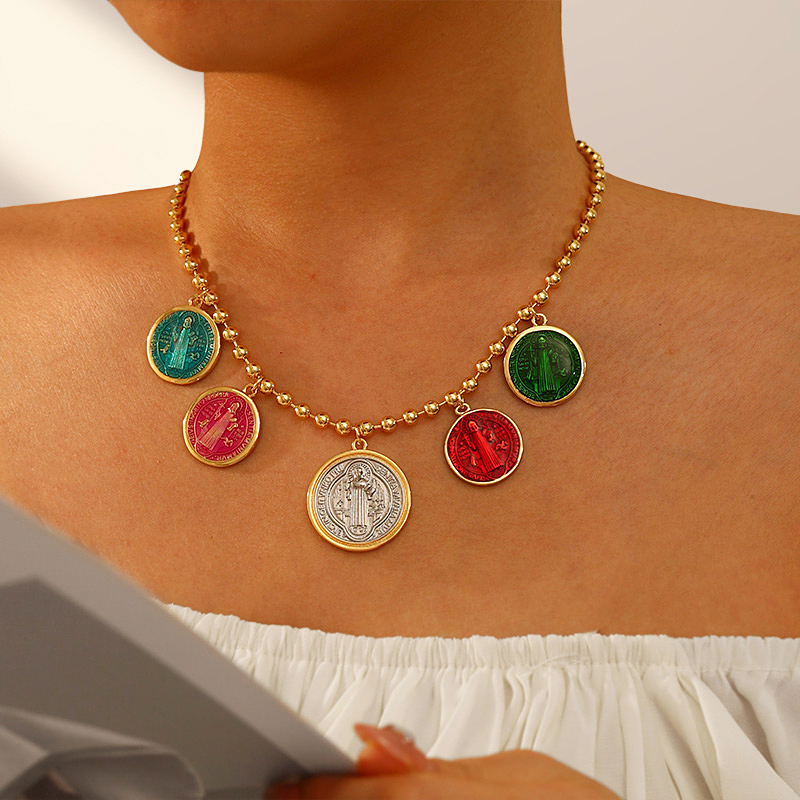 Fashion Color Copper Oil Drop Round Double-sided Portrait Pendant Bead Necklace (4mm)