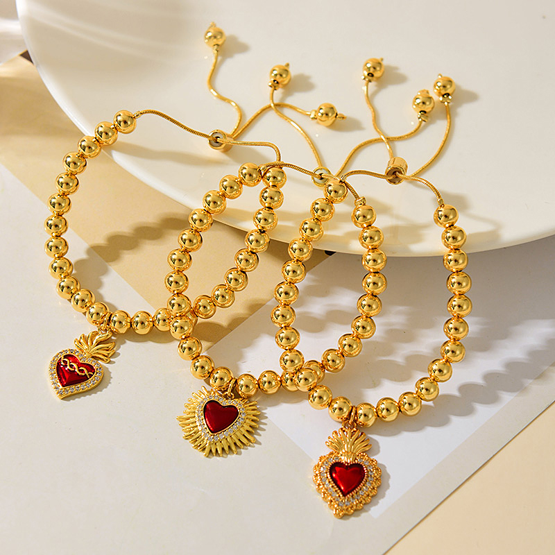 Fashion Gold 1 Copper Inlaid Zircon Irregular Oil Drip Love Pendant Beaded Bracelet (6mm)