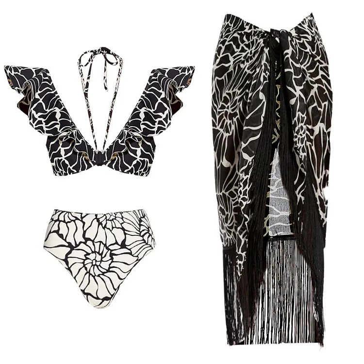 Fashion Set Nylon Printed Ruffle High Waist Two-piece Swimsuit Beach Dress Set