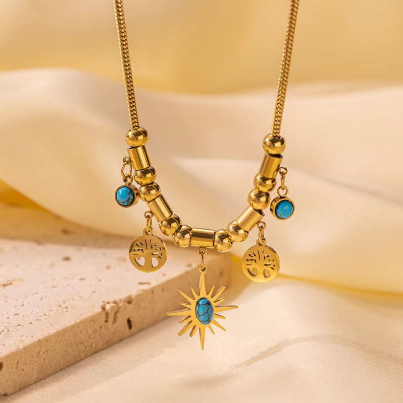 Fashion Star Tree Of Life Necklace Gold Titanium Steel Tree Of Life Star Pendant Necklace