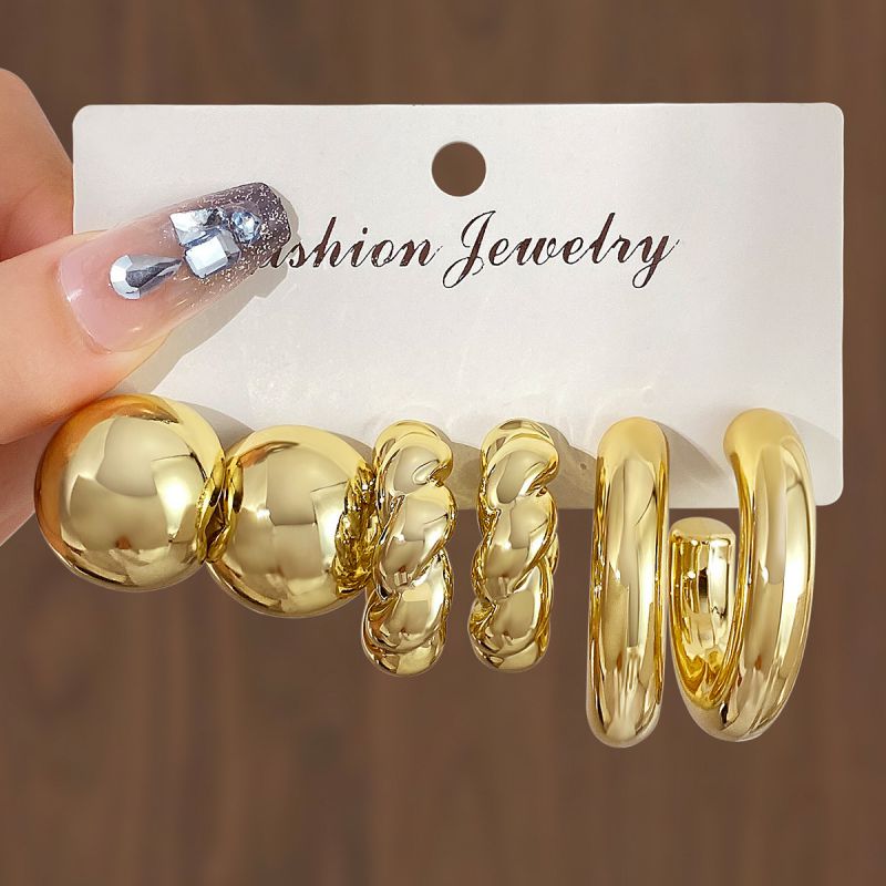 Gold Alloy Geometric Round Earring Set