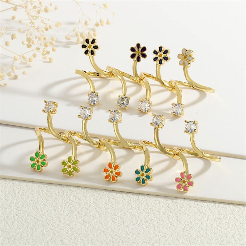 Pink Copper Inlaid Zirconium Oil-drop Flower Open Ring