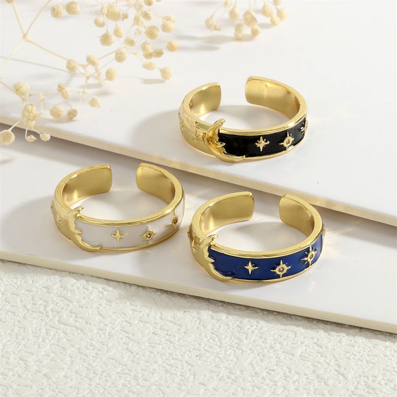 Dark Blue Copper Inlaid Zirconium Glaze Star Moon Ring