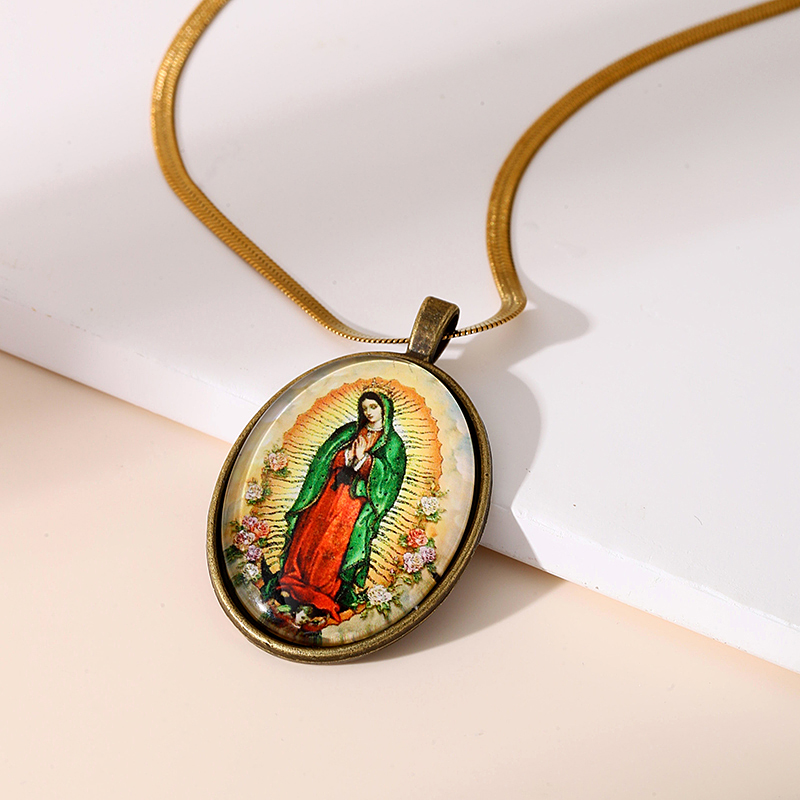 Gold Titanium Steel Oval Resin Madonna Pendant Snake Bone Chain Necklace
