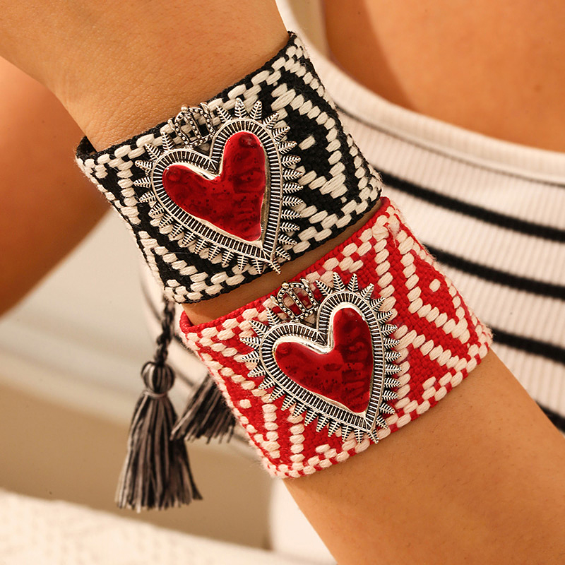 Red Titanium Steel Oil Dripping Irregular Heart Braided Tassel Bracelet