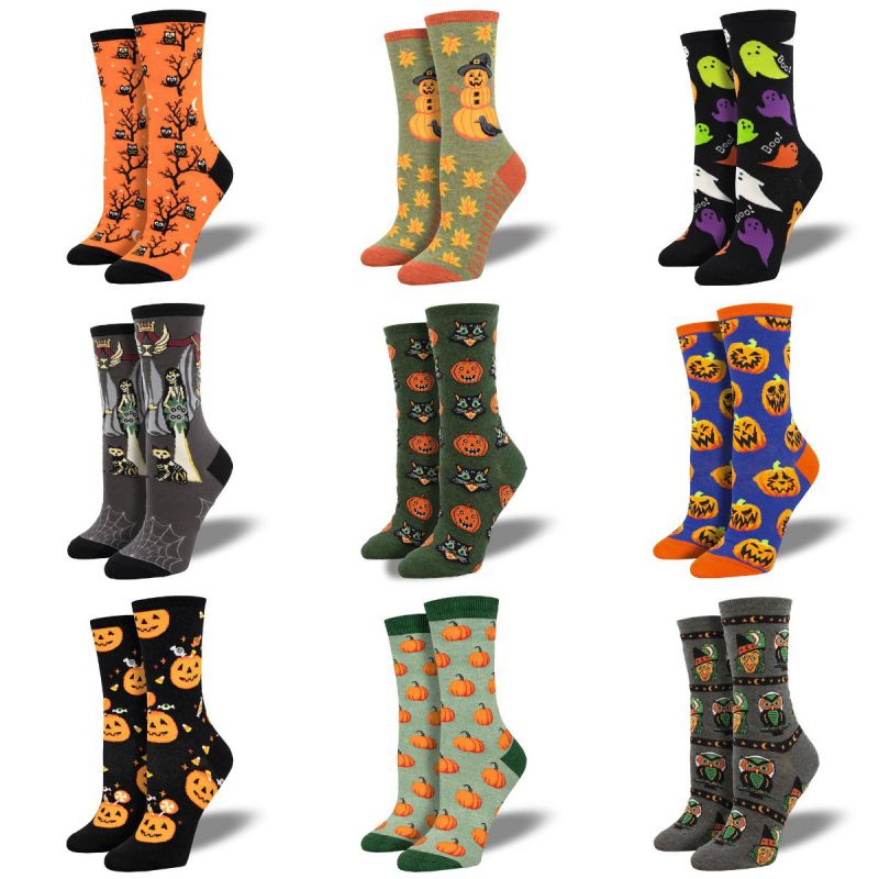 Skeleton Woman And Cat Halloween Printed Cotton Socks