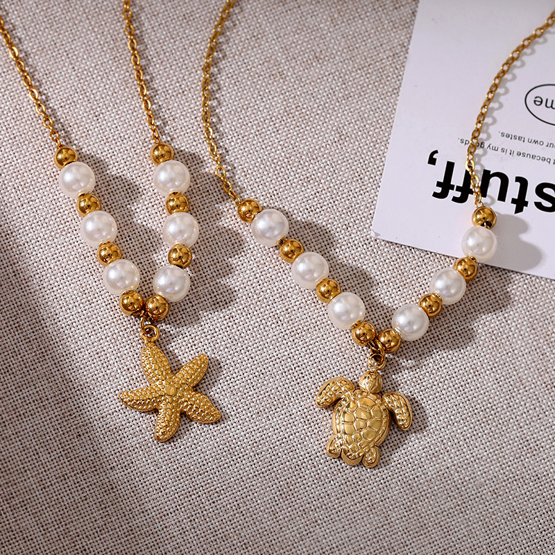 Gold 1 Titanium Steel Starfish Pearl Beaded Necklace
