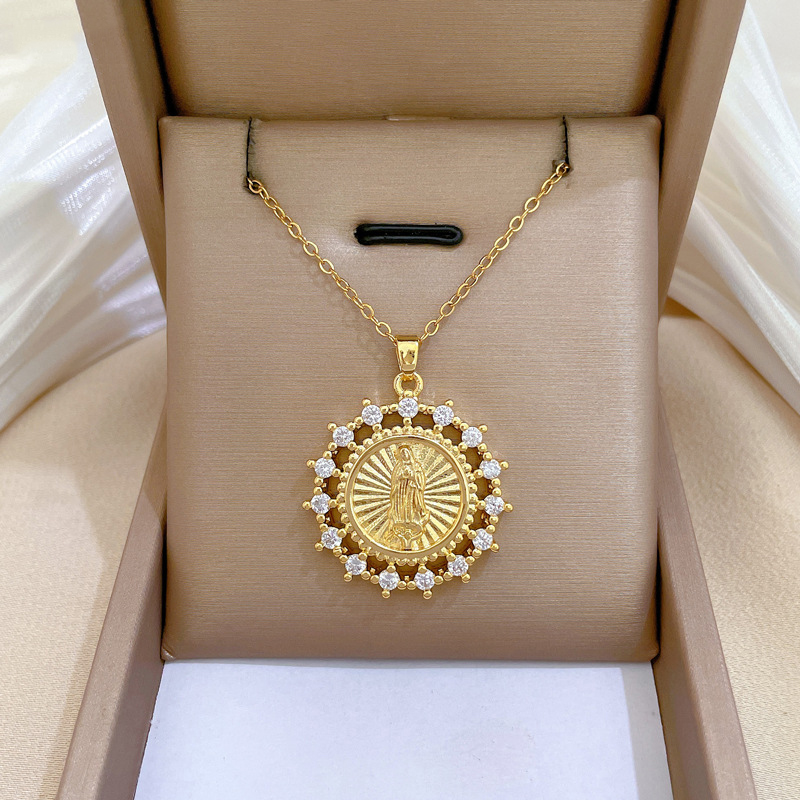 Gold Titanium Steel Diamond Portrait Sunflower Necklace