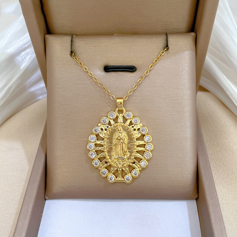 Gold Stainless Steel Diamond Portrait Necklace