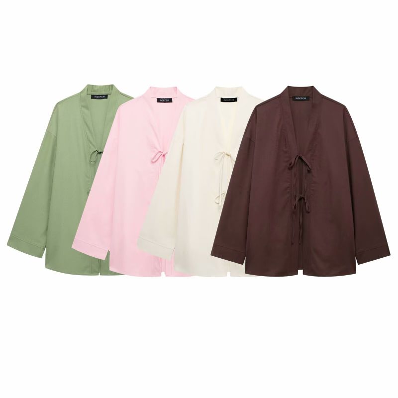 Off White Cotton And Linen Kimono Jacket With Lace-up