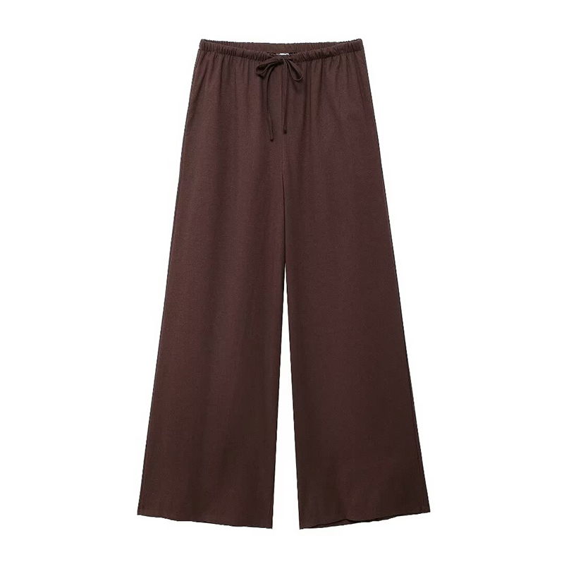 Beige Cotton And Linen Lace-up Straight-leg Trousers