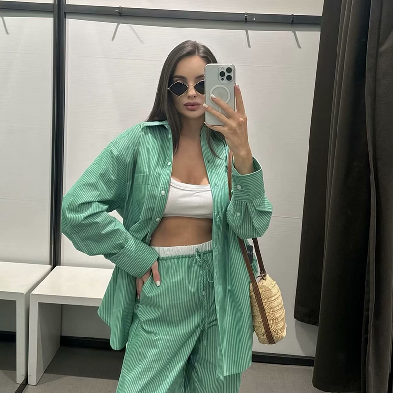 Green Striped Lapel Shirt
