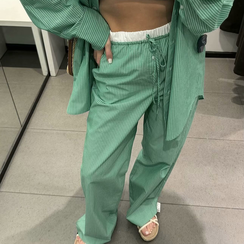 Green Blended Lace-up Straight Trousers