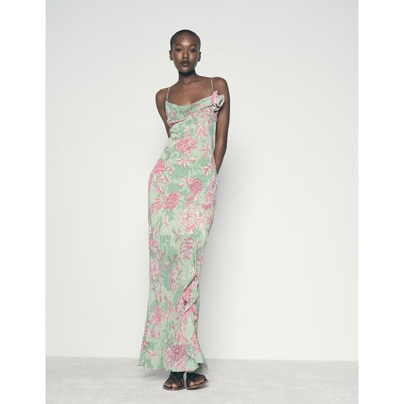 Color Blended Printed Drape Neck Long Dress