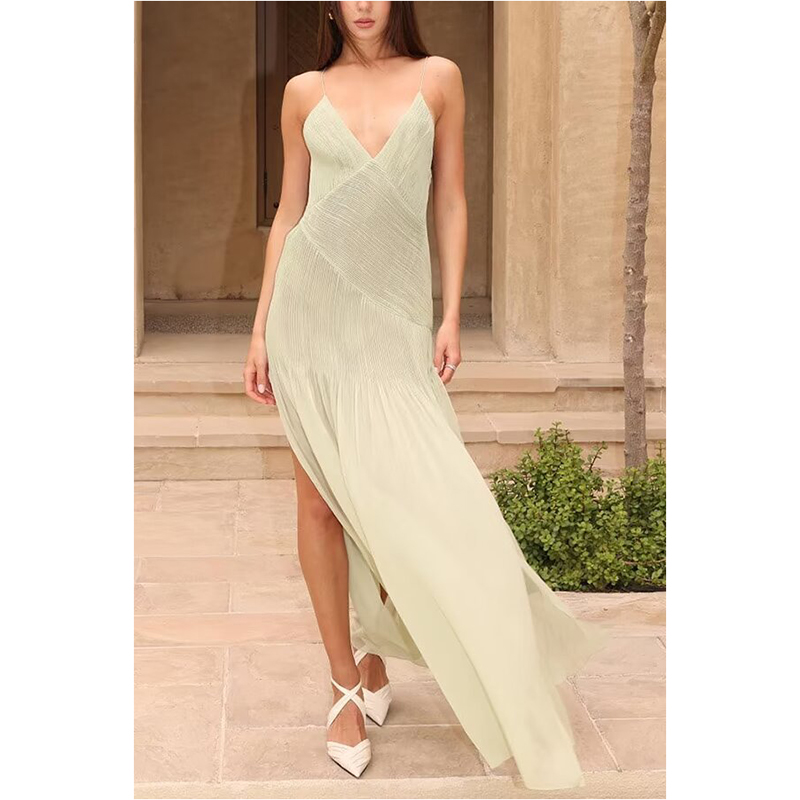 Light Green Blended Pleated Maxi Skirt