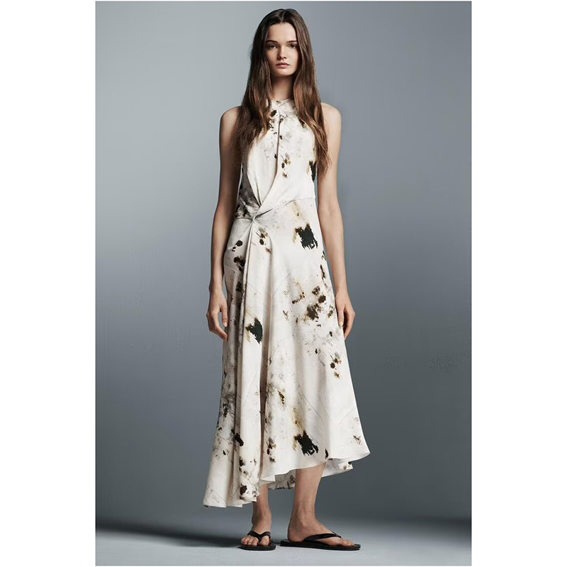 Color Blended Pleated Printed Sleeveless Long Skirt