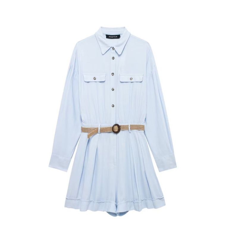 Light Blue Cotton And Linen Lapel Short Skirt