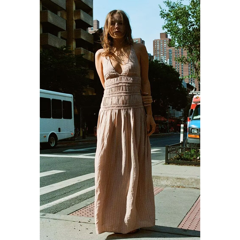 Pink Blended Pleated Sleeveless Maxi Dress