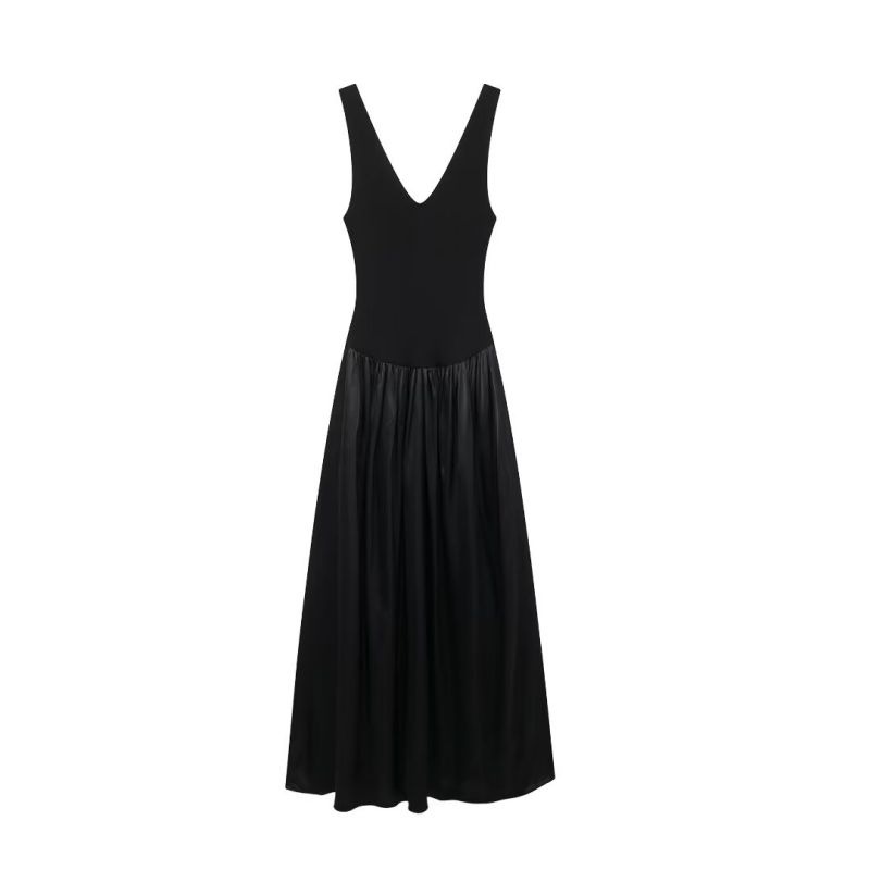 Black Blended Patchwork Sleeveless Long Skirt